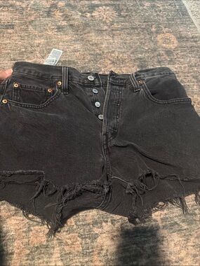 Levi's Black Button-Fly Frayed Denim Shorts 501